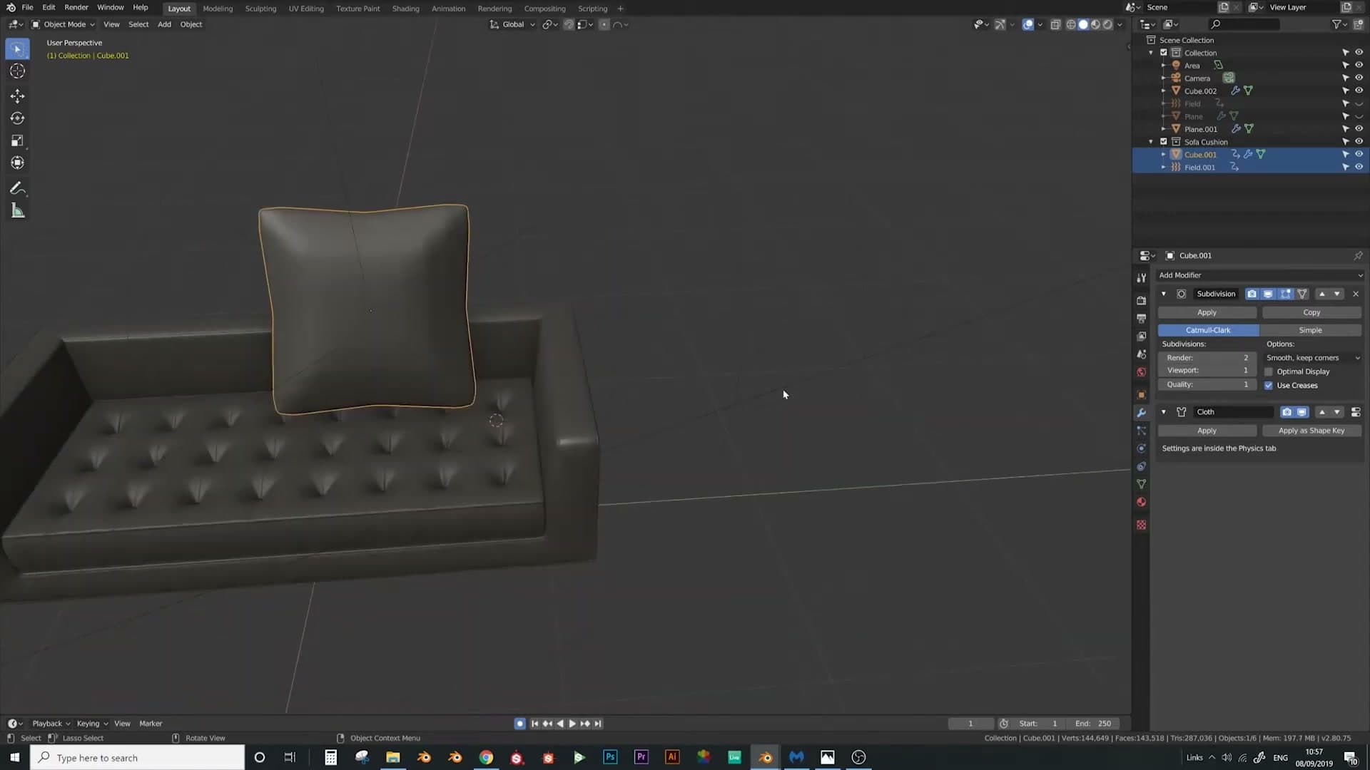 Blender 2.8 Sofa Cushion Cloth Simulation: Fabric & Seams Tutorial
